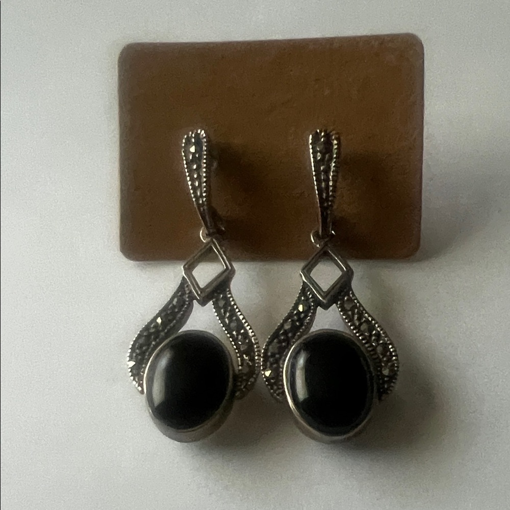 Marcasite Onyx and mother of pearl double sided flip .925 earrings like New.